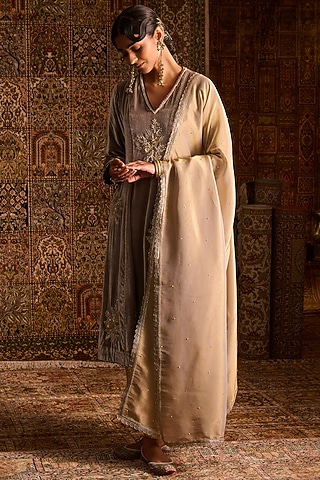Grey Silk Velvet Hand Embroidered Kalidar Kurta Set by Zoon Tribe