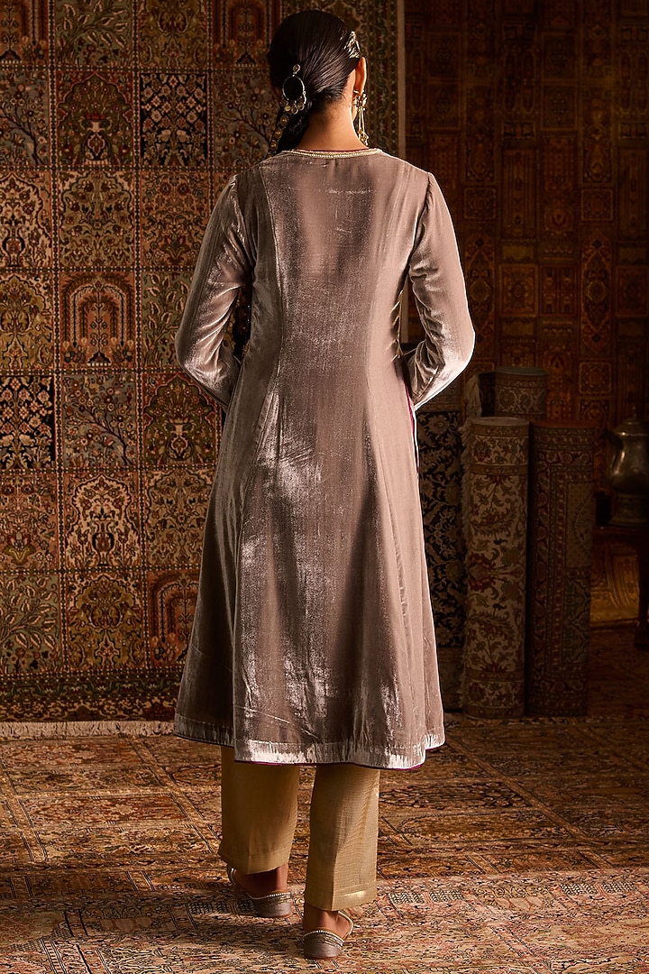 Grey Silk Velvet Hand Embroidered Kalidar Kurta Set by Zoon Tribe at Pernia's Pop Up Shop