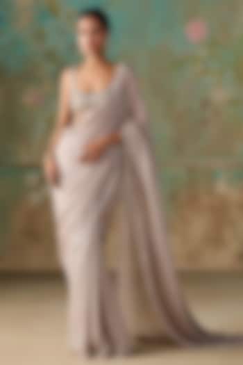 Grey-Silver Georgette Hand Embroidered Wedding Saree Set by Zoon Tribe at Pernia's Pop Up Shop