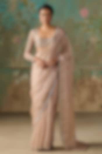 Coffee-Colored Silk Satin Organza Hand Embroidered Wedding Saree Set by Zoon Tribe at Pernia's Pop Up Shop