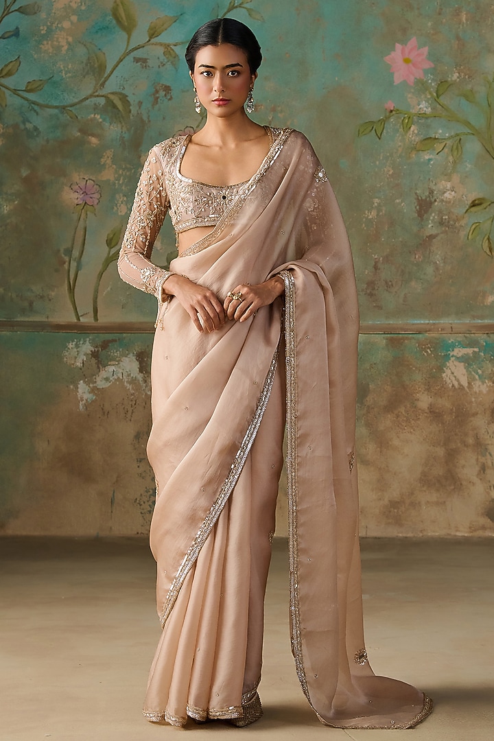 Coffee-Colored Silk Satin Organza Hand Embroidered Wedding Saree Set by Zoon Tribe at Pernia's Pop Up Shop