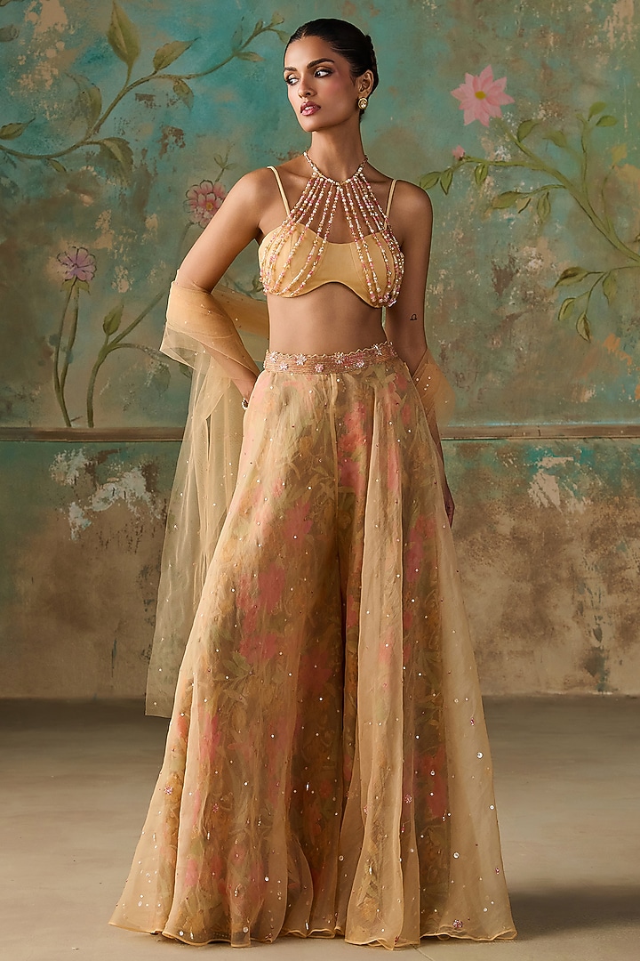Yellow Silk Organza Floral Printed Pant Set by Zoon Tribe at Pernia's Pop Up Shop