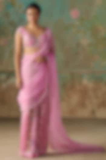 Pink Pure Organza Tissue Hand Embroidered Wedding Saree Set by Zoon Tribe at Pernia's Pop Up Shop