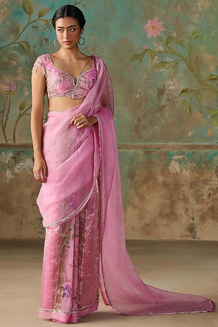 Pink Pure Organza Tissue Hand Embroidered Wedding Saree Set by Zoon Tribe at Pernia's Pop Up Shop