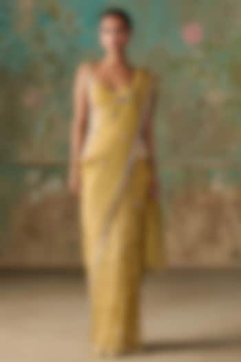 Lime Pure Silk Tissue Hand Embroidered Wedding Saree Set by Zoon Tribe at Pernia's Pop Up Shop