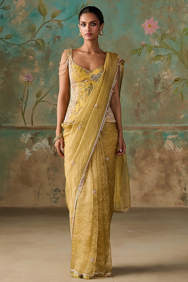 Lime Pure Silk Tissue Hand Embroidered Wedding Saree Set by Zoon Tribe at Pernia's Pop Up Shop