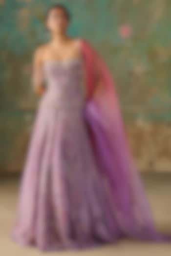 Lilac Pure Silk Tissue Floral Printed & Embroidered Kalidar Wedding Lehenga Set by Zoon Tribe at Pernia's Pop Up Shop