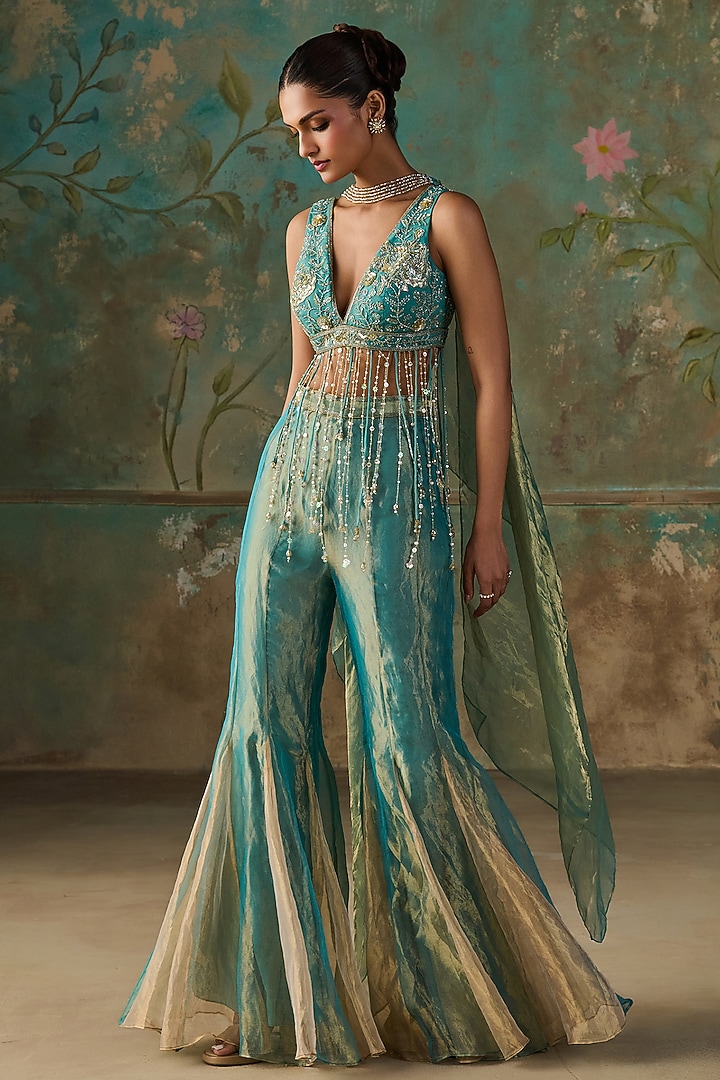 Turquoise Pure Silk Tissue Wedding Sharara Set by Zoon Tribe at Pernia's Pop Up Shop