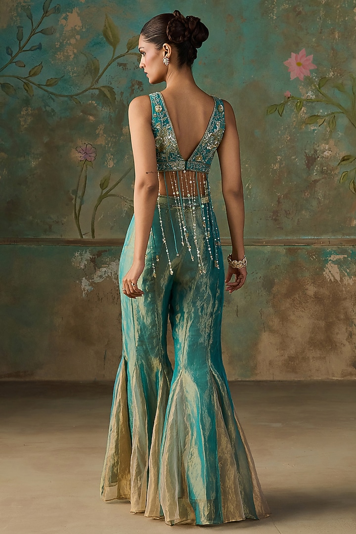 Turquoise Pure Silk Tissue Wedding Sharara Set by Zoon Tribe at Pernia's Pop Up Shop