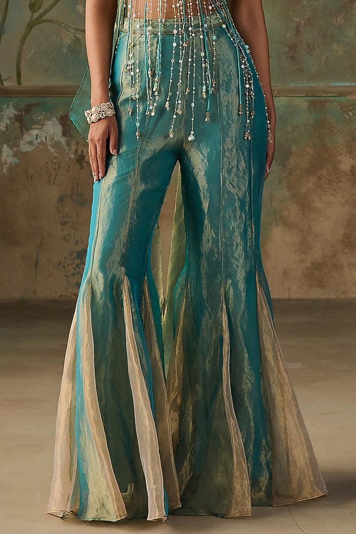 Turquoise Pure Silk Tissue Wedding Sharara Set by Zoon Tribe at Pernia's Pop Up Shop