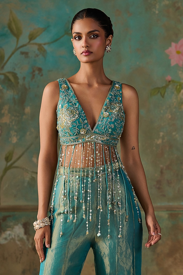 Turquoise Pure Silk Tissue Wedding Sharara Set by Zoon Tribe at Pernia's Pop Up Shop