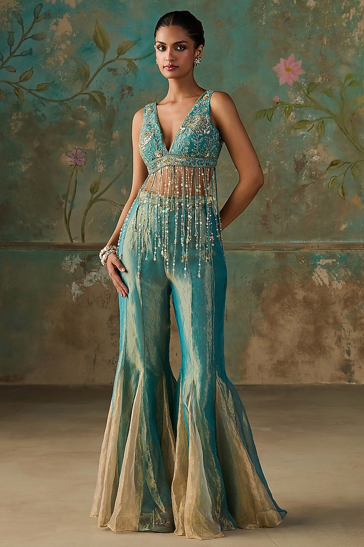 Turquoise Pure Silk Tissue Wedding Sharara Set by Zoon Tribe at Pernia's Pop Up Shop