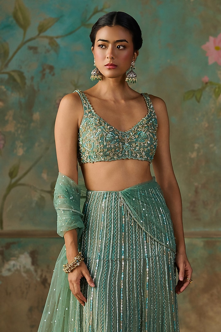 Turquoise Crushed Tissue Hand Embroidered Pre-Stitched Wedding Saree Set by Zoon Tribe at Pernia's Pop Up Shop
