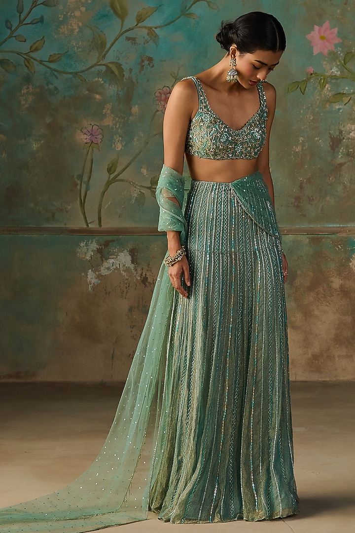 Turquoise Crushed Tissue Hand Embroidered Pre-Stitched Wedding Saree Set by Zoon Tribe at Pernia's Pop Up Shop