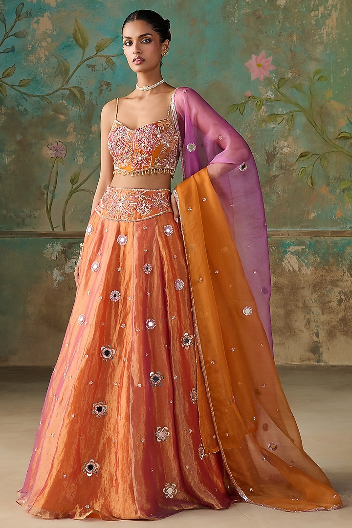 Orange Silk Tissue Hand Embroidered Kalidar Wedding Lehenga Set by Zoon Tribe at Pernia's Pop Up Shop