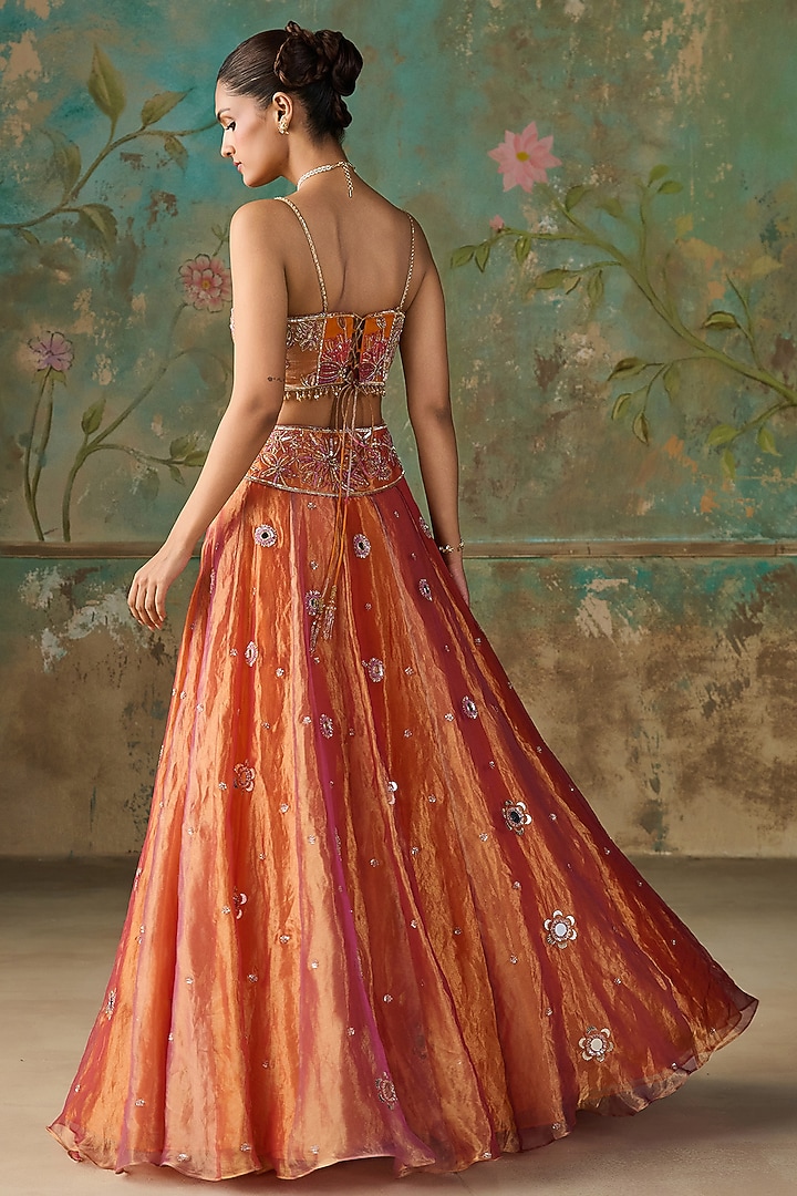 Orange Silk Tissue Hand Embroidered Kalidar Wedding Lehenga Set by Zoon Tribe at Pernia's Pop Up Shop