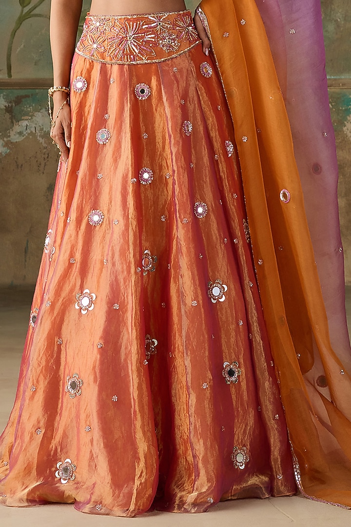 Orange Silk Tissue Hand Embroidered Kalidar Wedding Lehenga Set by Zoon Tribe at Pernia's Pop Up Shop