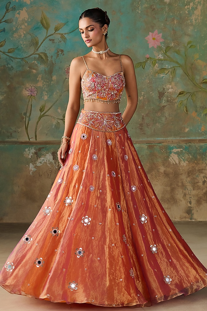 Orange Silk Tissue Hand Embroidered Kalidar Wedding Lehenga Set by Zoon Tribe at Pernia's Pop Up Shop