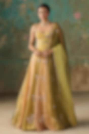 Lime & Moss Green Silk Tissue Hand Embroidered Kalidar Wedding Lehenga Set by Zoon Tribe at Pernia's Pop Up Shop