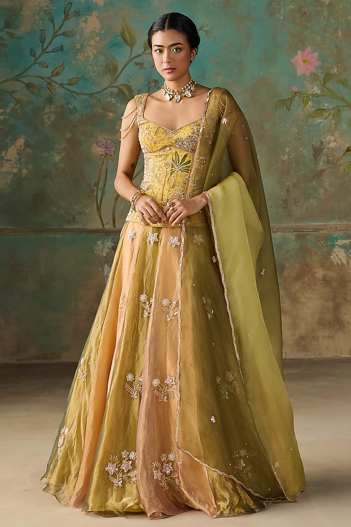 Lime & Moss Green Silk Tissue Hand Embroidered Kalidar Wedding Lehenga Set by Zoon Tribe at Pernia's Pop Up Shop