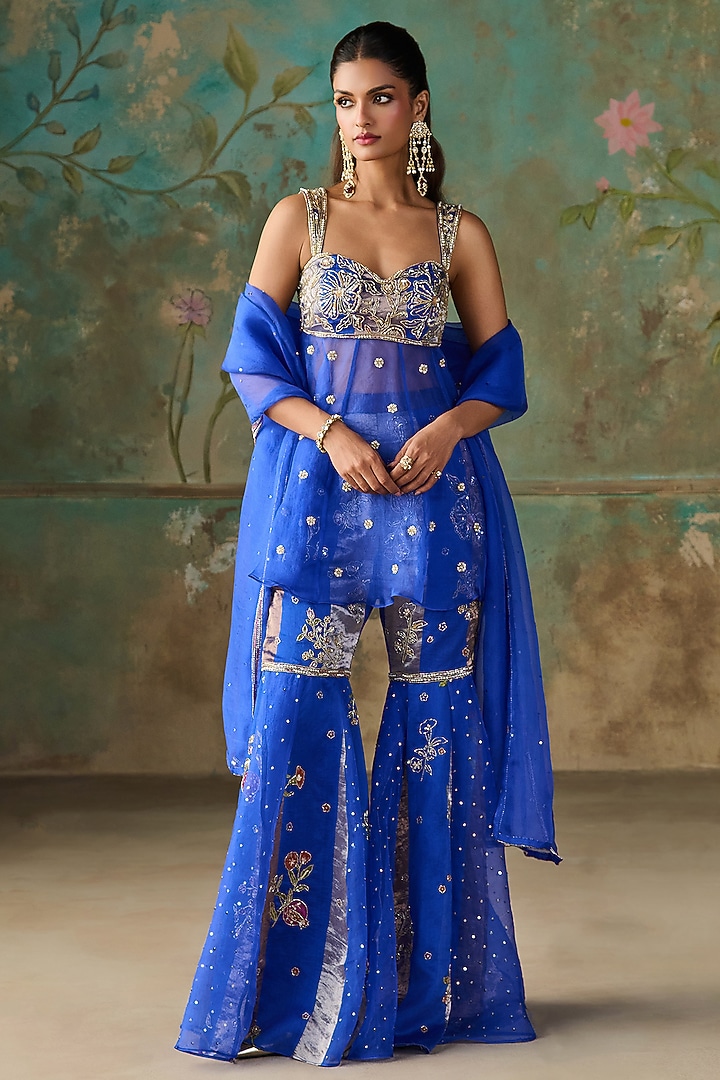 Royal Blue Organza & Silk Chanderi Tissue Wedding Sharara Set by Zoon Tribe at Pernia's Pop Up Shop