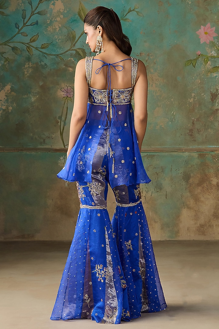 Royal Blue Organza & Silk Chanderi Tissue Wedding Sharara Set by Zoon Tribe at Pernia's Pop Up Shop