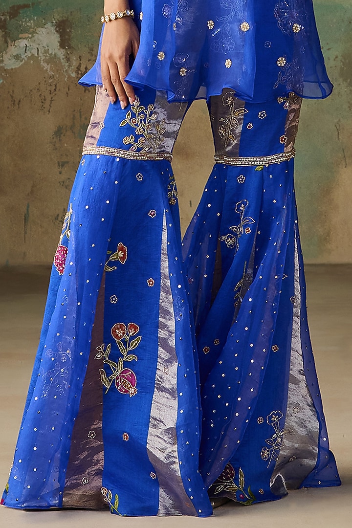 Royal Blue Organza & Silk Chanderi Tissue Wedding Sharara Set by Zoon Tribe at Pernia's Pop Up Shop