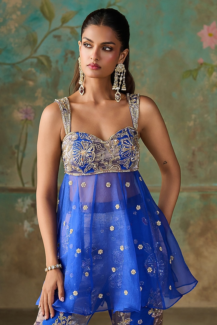 Royal Blue Organza & Silk Chanderi Tissue Wedding Sharara Set by Zoon Tribe at Pernia's Pop Up Shop