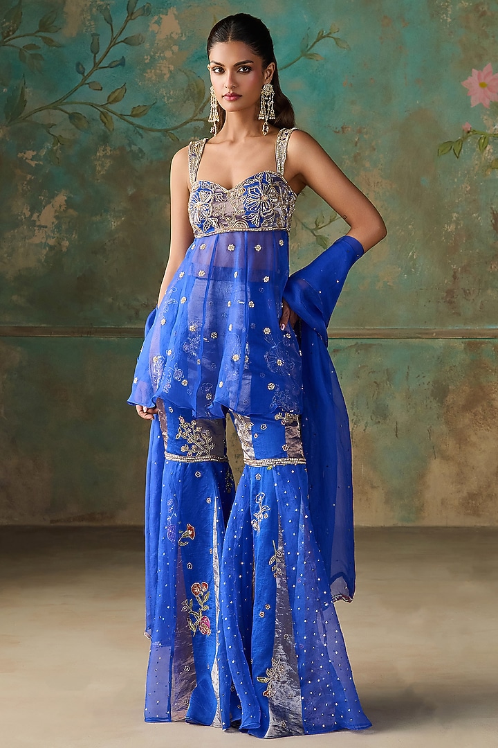 Royal Blue Organza & Silk Chanderi Tissue Wedding Sharara Set by Zoon Tribe at Pernia's Pop Up Shop