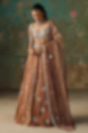 Brown Pure Silk Organza & Crushed Tissue Hand Embroidered Wedding Lehenga Set by Zoon Tribe at Pernia's Pop Up Shop