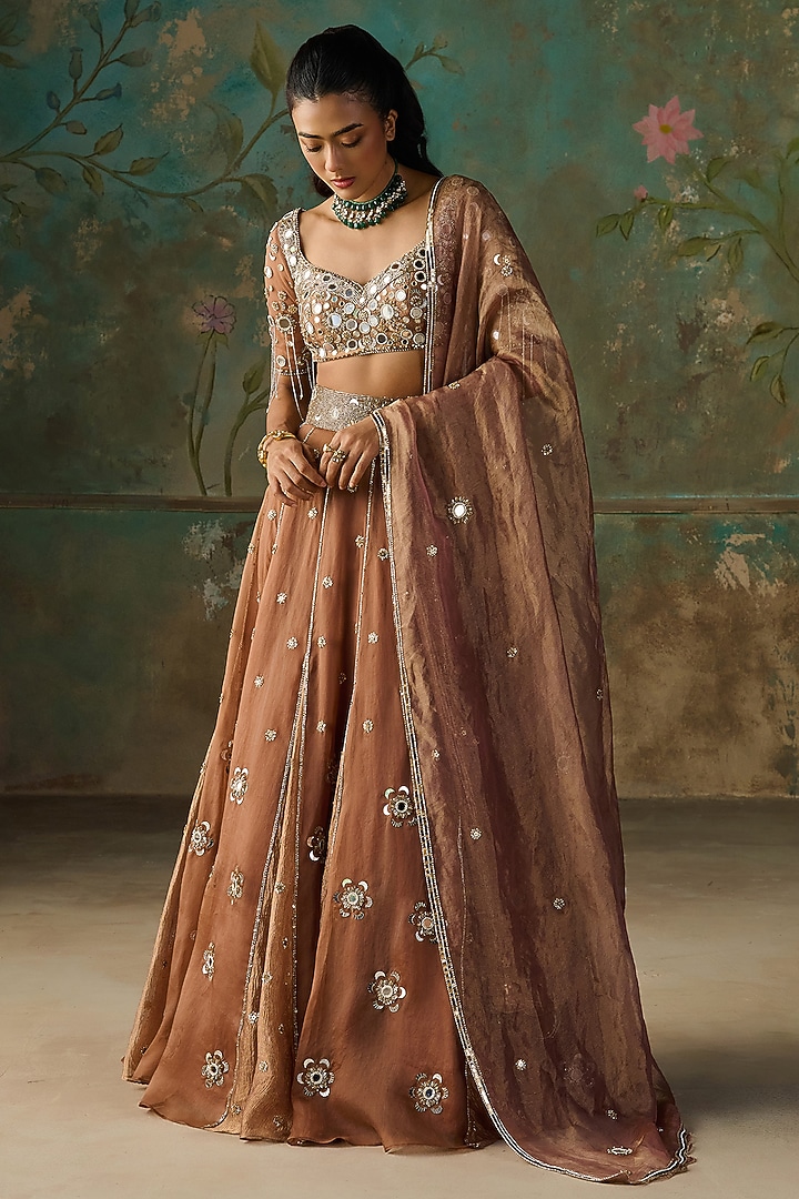 Brown Pure Silk Organza & Crushed Tissue Hand Embroidered Wedding Lehenga Set by Zoon Tribe at Pernia's Pop Up Shop