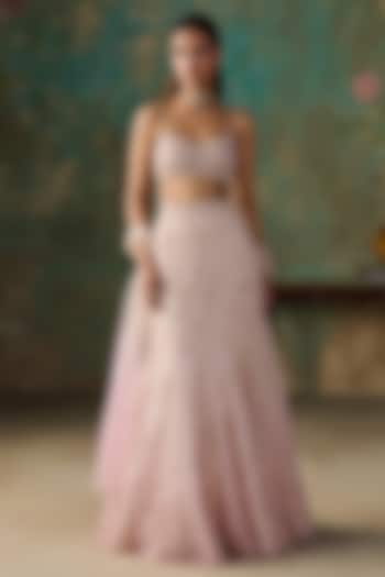 Pink Ombre Net Hand Embroidered Wedding Lehenga Set by Zoon Tribe at Pernia's Pop Up Shop