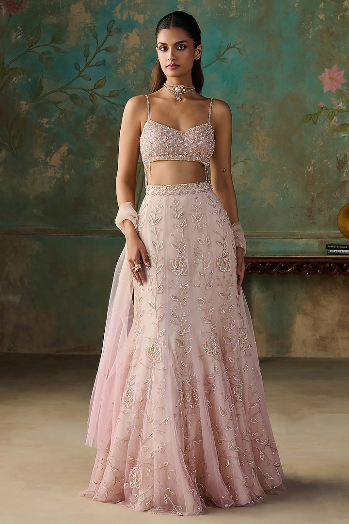 Pink Ombre Net Hand Embroidered Wedding Lehenga Set by Zoon Tribe at Pernia's Pop Up Shop