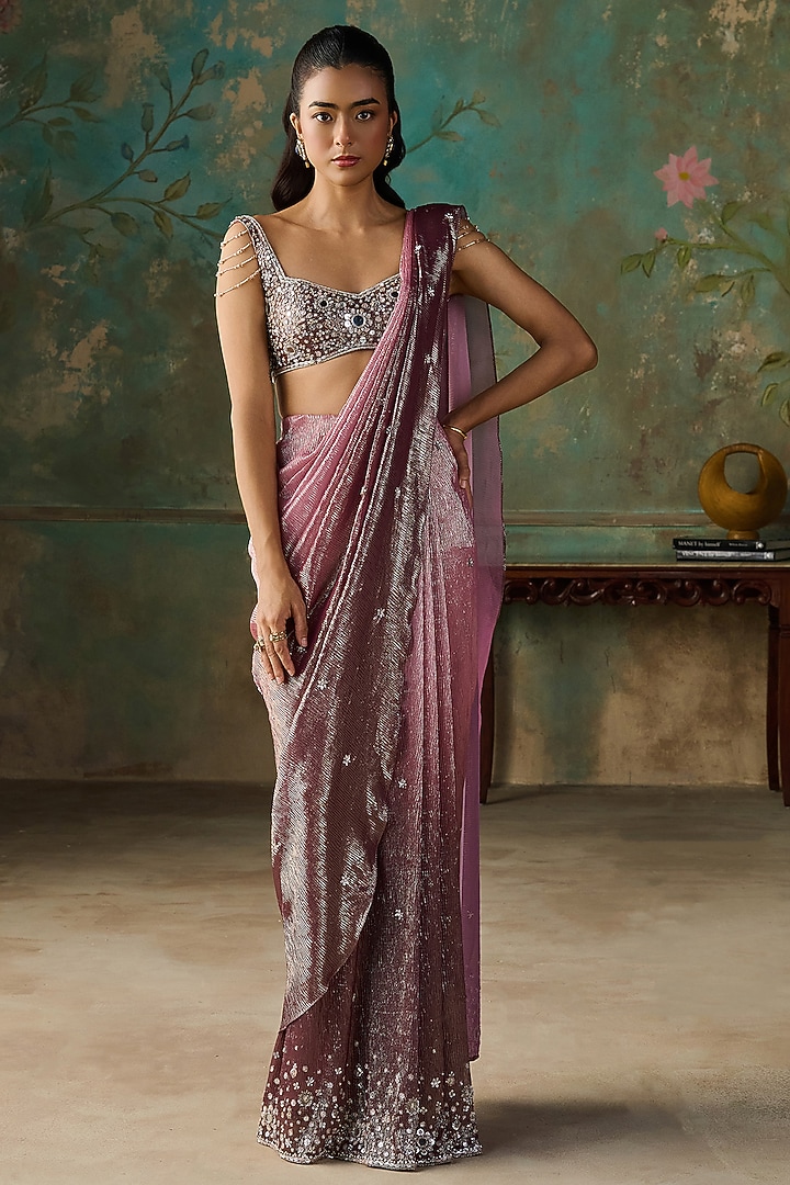 Onion Pink Ombre Foil Georgette Hand Embroidered Draped Wedding Saree Set by Zoon Tribe at Pernia's Pop Up Shop