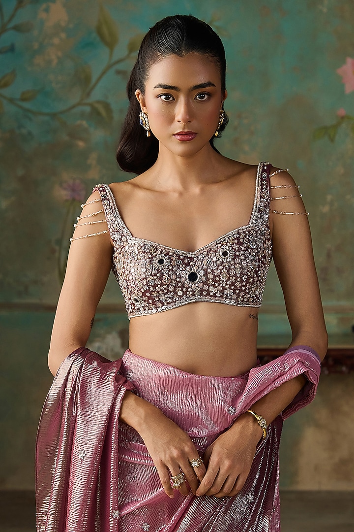 Onion Pink Ombre Foil Georgette Hand Embroidered Draped Wedding Saree Set by Zoon Tribe at Pernia's Pop Up Shop