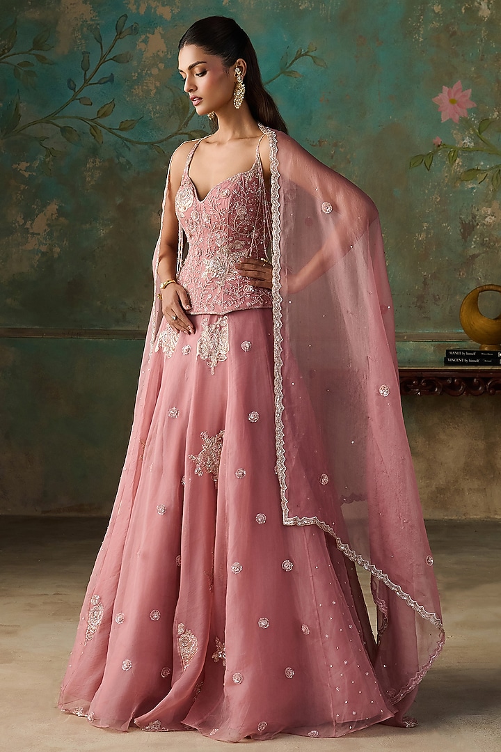 Pink Pure Silk Organza Hand Embroidered Kalidar Wedding Lehenga Set by Zoon Tribe at Pernia's Pop Up Shop