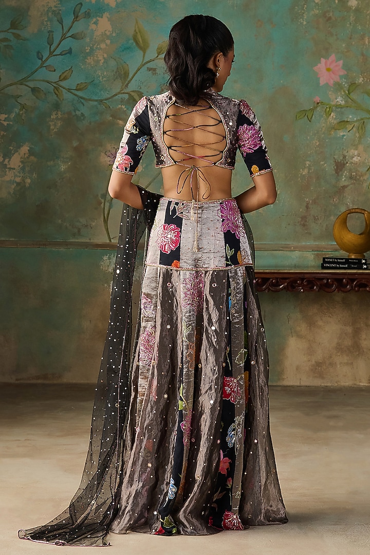 Black Pure Silk Chanderi Floral Printed & Hand Embroidered Draped Wedding Saree Set by Zoon Tribe at Pernia's Pop Up Shop