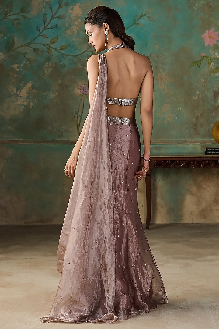 Taupe Pure Silk Tissue Hand Embroidered Mermaid Wedding Saree Set by Zoon Tribe at Pernia's Pop Up Shop