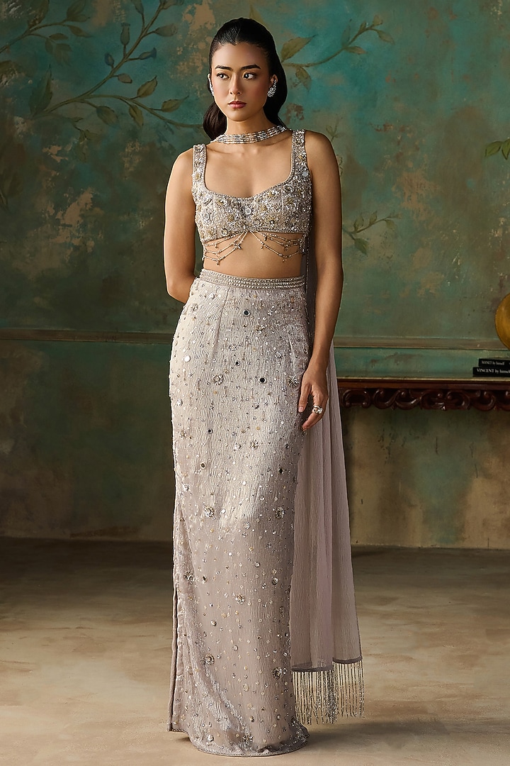 Silver Foil Georgette Hand Embroidered Skirt Set by Zoon Tribe at Pernia's Pop Up Shop