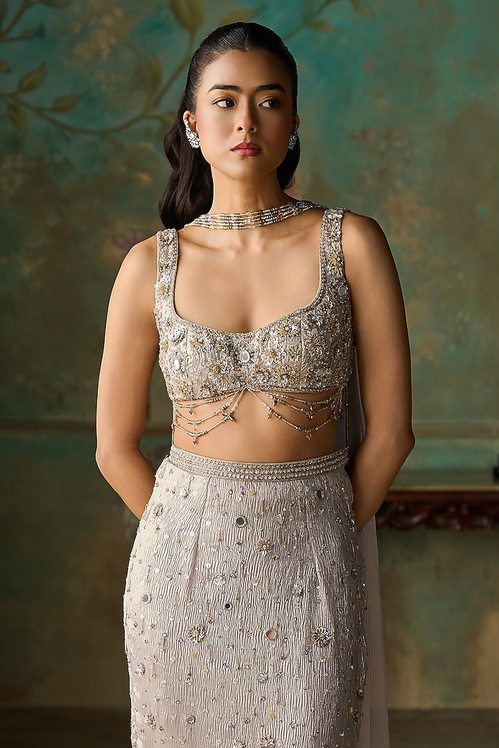 Silver Foil Georgette Hand Embroidered Skirt Set by Zoon Tribe at Pernia's Pop Up Shop