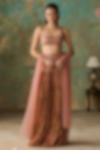 Rust Peach Silk Organza Printed & Embroidered Sheer Skirt Set by Zoon Tribe at Pernia's Pop Up Shop