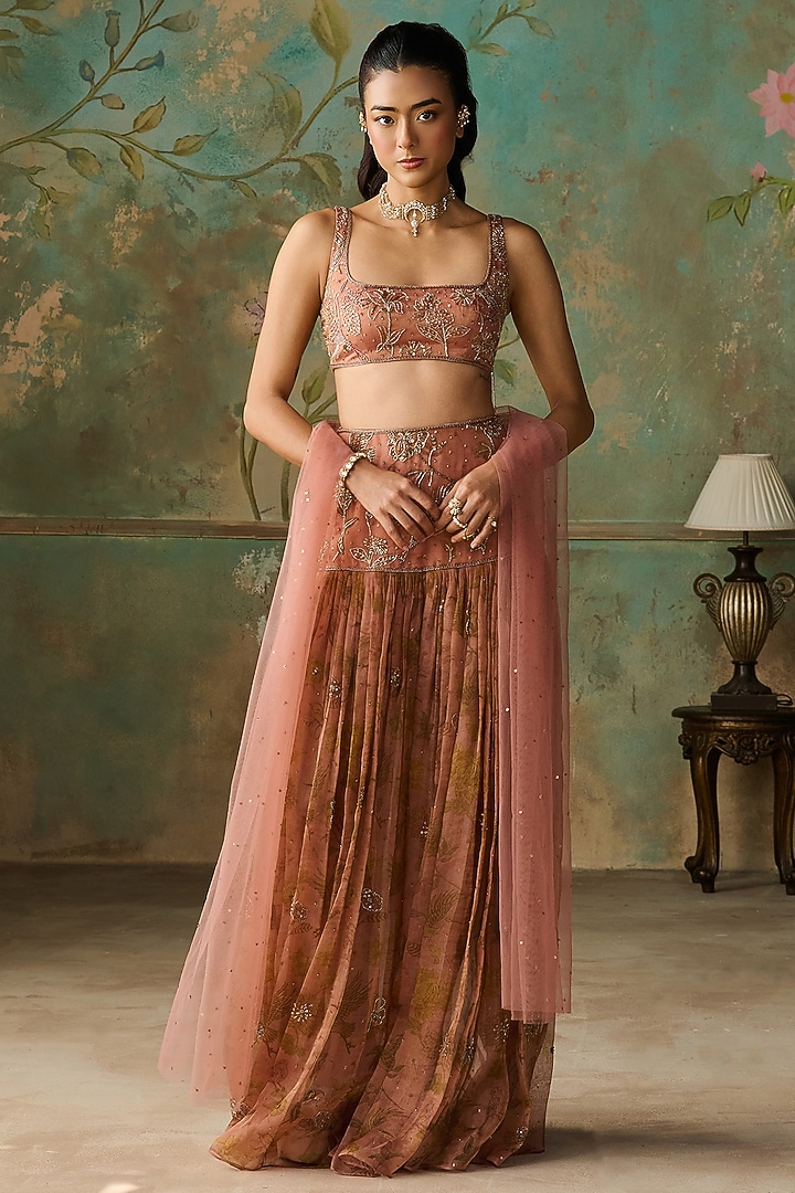 Rust Peach Silk Organza Printed & Embroidered Sheer Skirt Set by Zoon Tribe at Pernia's Pop Up Shop