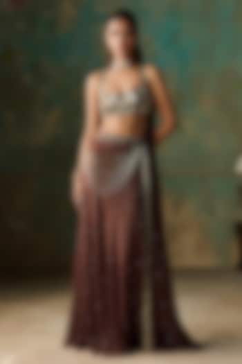 Mulberry Wine Foil Georgette Hand Embellished Skirt Set by Zoon Tribe at Pernia's Pop Up Shop