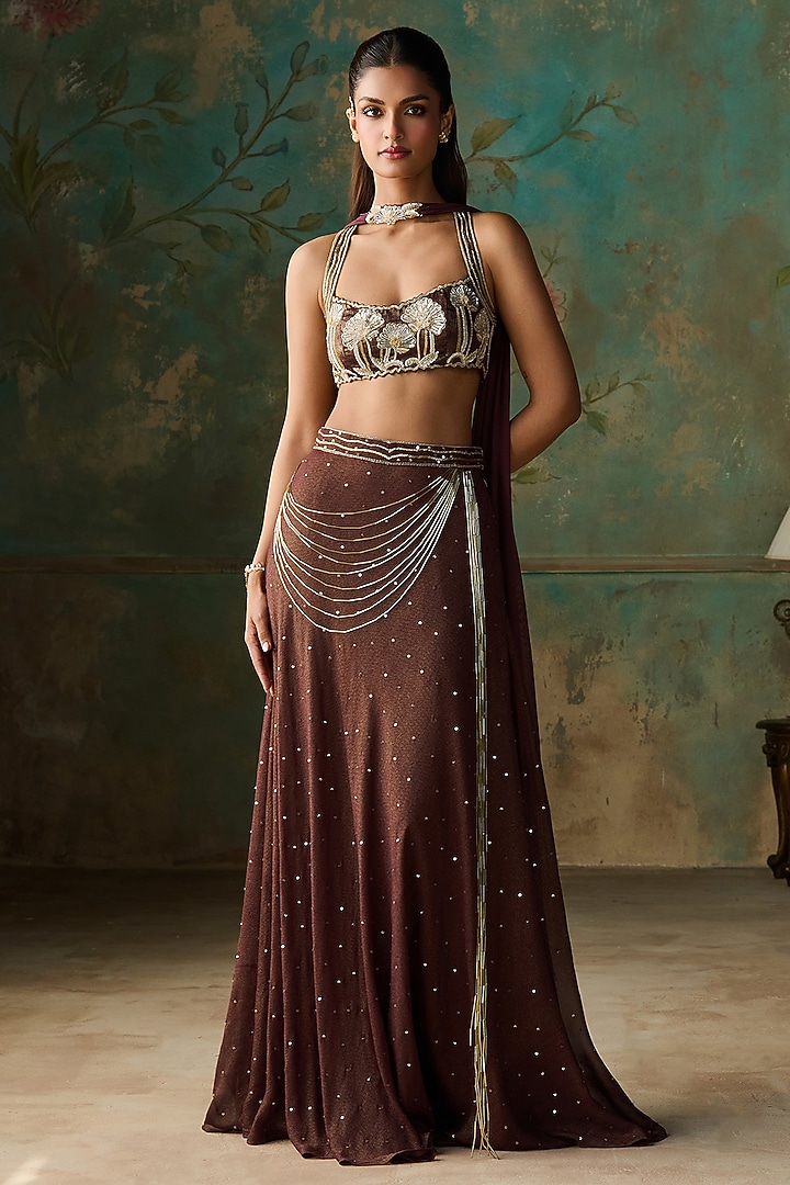 Mulberry Wine Foil Georgette Hand Embellished Skirt Set by Zoon Tribe at Pernia's Pop Up Shop