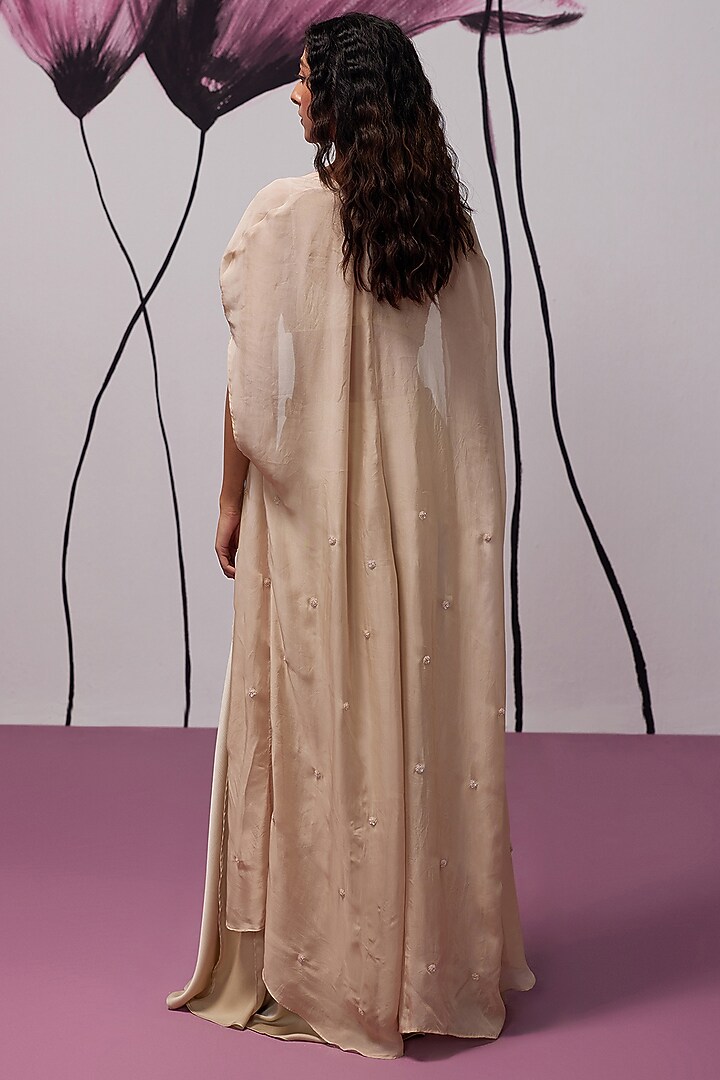 Beige Chiffon Hand Embellished Cape Set by Zoon Tribe at Pernia's Pop Up Shop