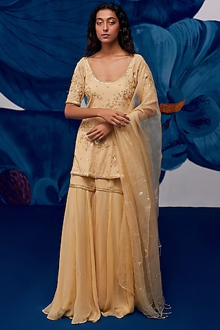 Golden Chiffon Sharara Set by Zoon Tribe