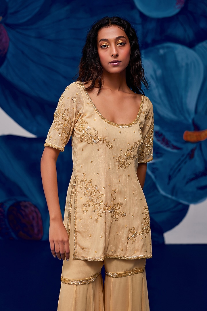 Golden Chiffon Wedding Sharara Set by Zoon Tribe at Pernia's Pop Up Shop