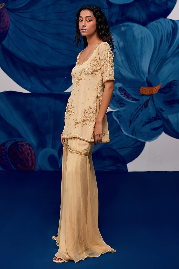 Golden Chiffon Wedding Sharara Set by Zoon Tribe at Pernia's Pop Up Shop