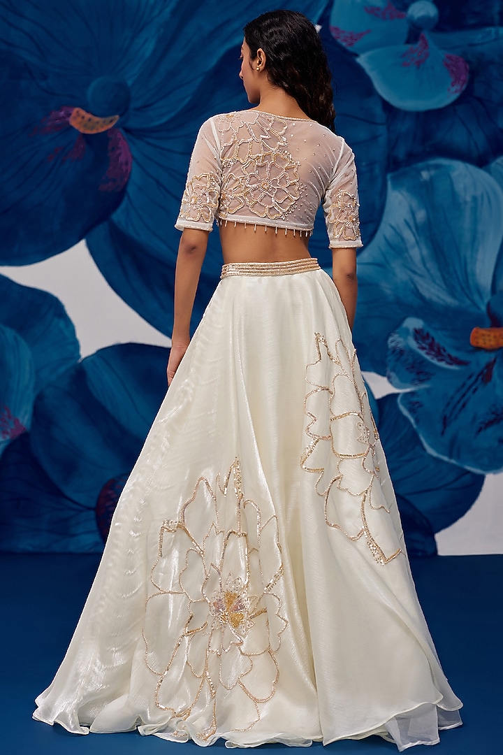 Ivory Metallic Organza Motif Hand Embroidered Wedding Lehenga Set by Zoon Tribe at Pernia's Pop Up Shop