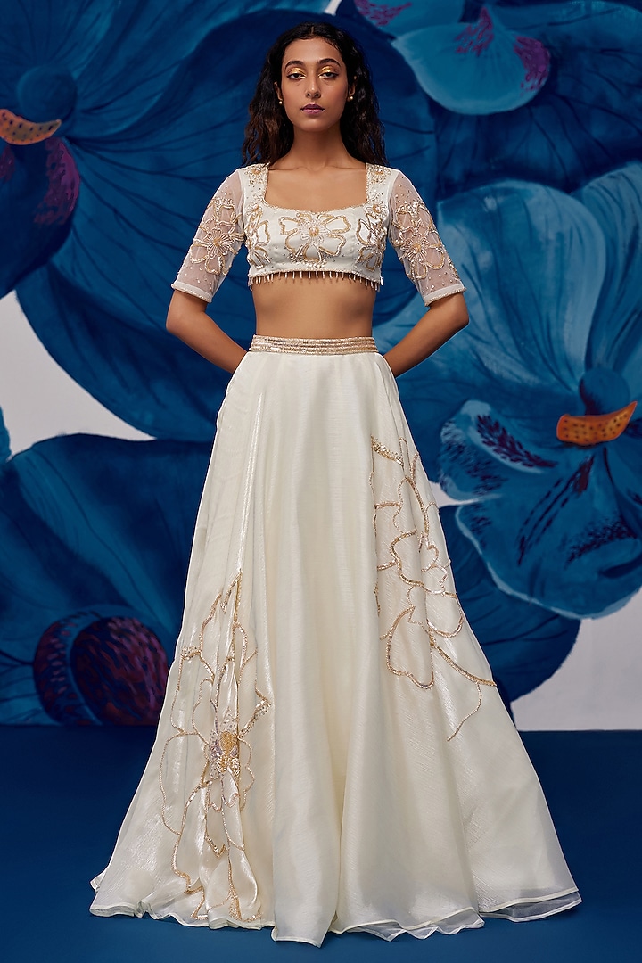 Ivory Metallic Organza Motif Hand Embroidered Wedding Lehenga Set by Zoon Tribe at Pernia's Pop Up Shop